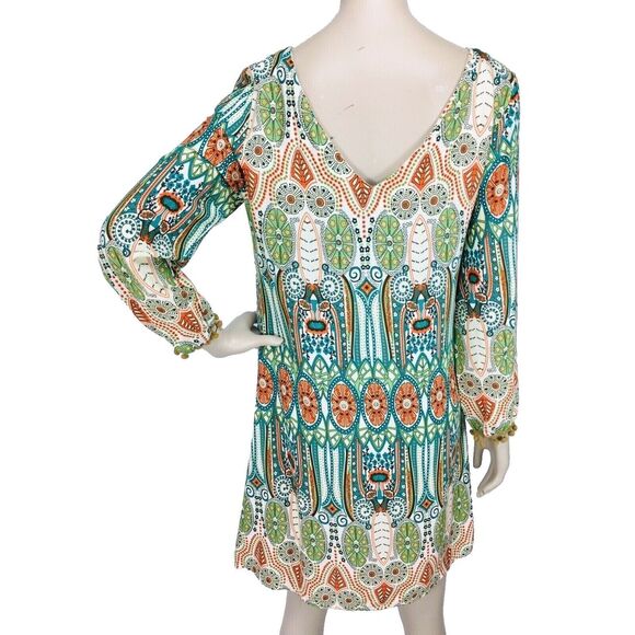Pom-Pom Fringe Trim Retro Art Deco V-Back Boho Tunic Dress Size Small - Picture 5 of 6